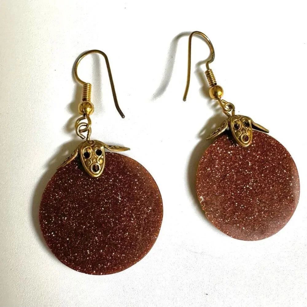 Goldstone and gold tone drop earrings